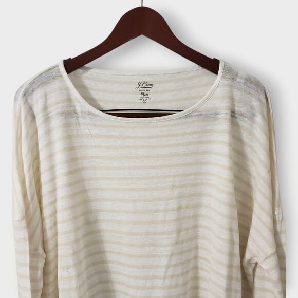 J. Crew Womens Relaxed Linen Long Sleeve Tee Tan White Sz XL Boxy Preppy Casual - Picture 2 of 13